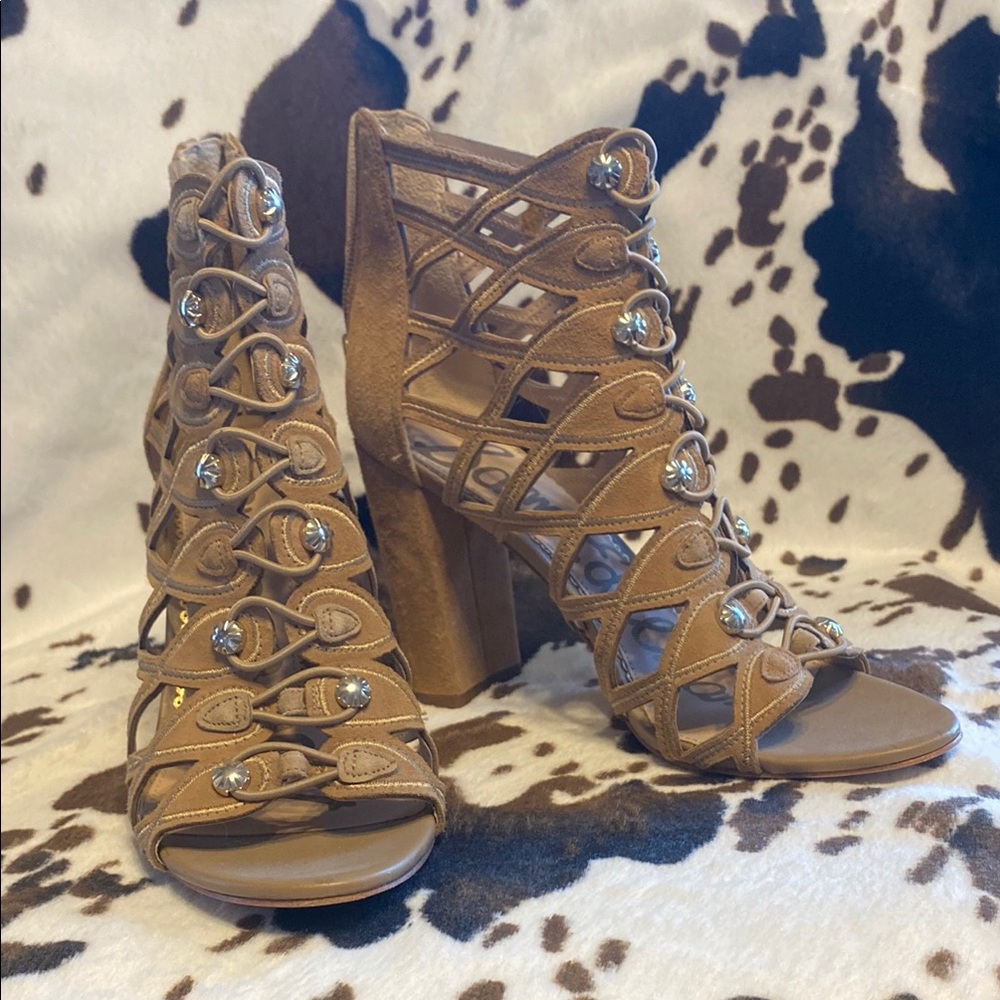 Sam Edelman Tan Heels with Intricate Cut-Out Design and High Heel